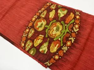 手織り真綿紬抽象草花模様織出し名古屋帯